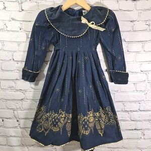 Vintage DAISY KINGDOM Christmas Party Dress Golden Angel Pleated Navy Sz 3T-4T